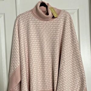 NWT $295 MICHAEL KORS LOGO PONCHO SWEATER CAPE Powder Blush Pink & White Sz S/M